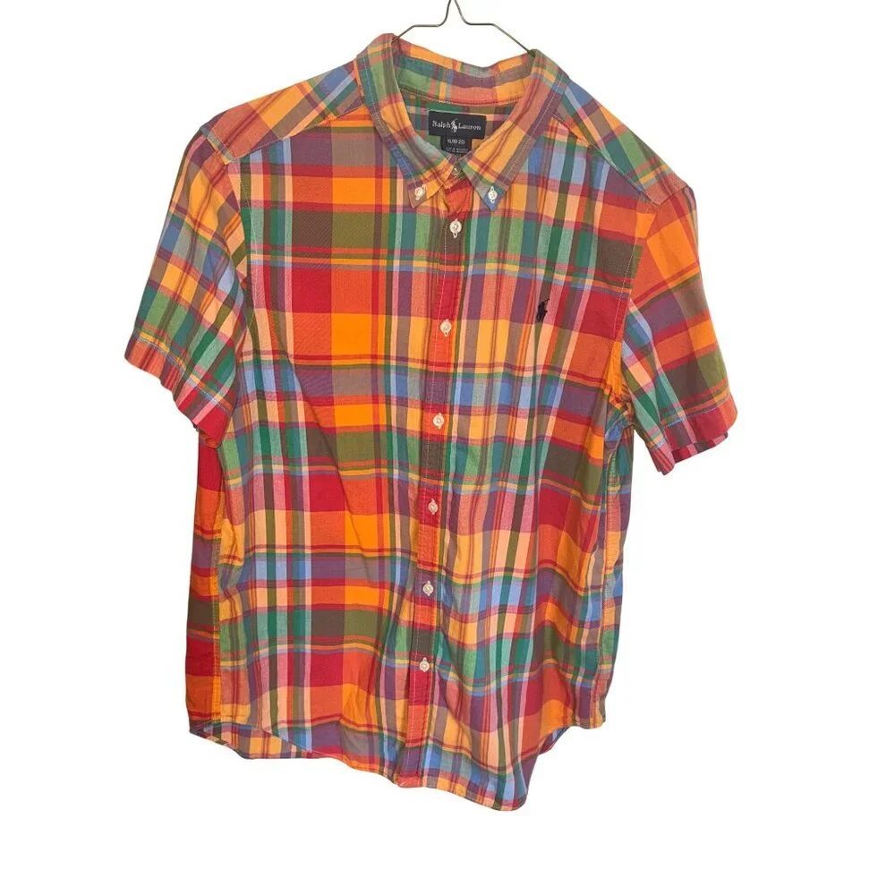 Ralph Lauren Multicolor Plaid Short-Sleeve Shirt XL (18-20) 100% Cotton Casual